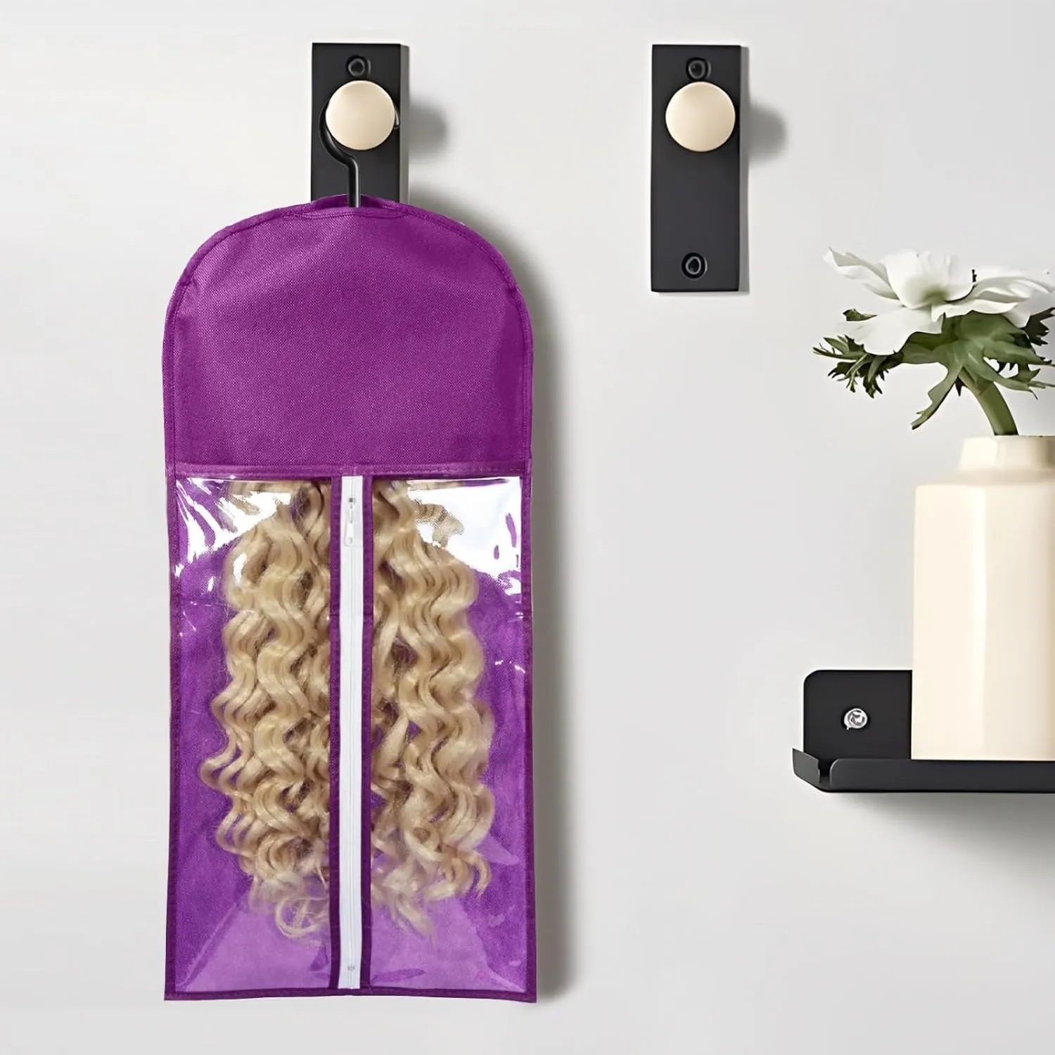 12PCS Wig Bags With Hanger - Hair Extension Holder for Multiple Wigs - Organizer (6PCS Black & 6PCS Purple)