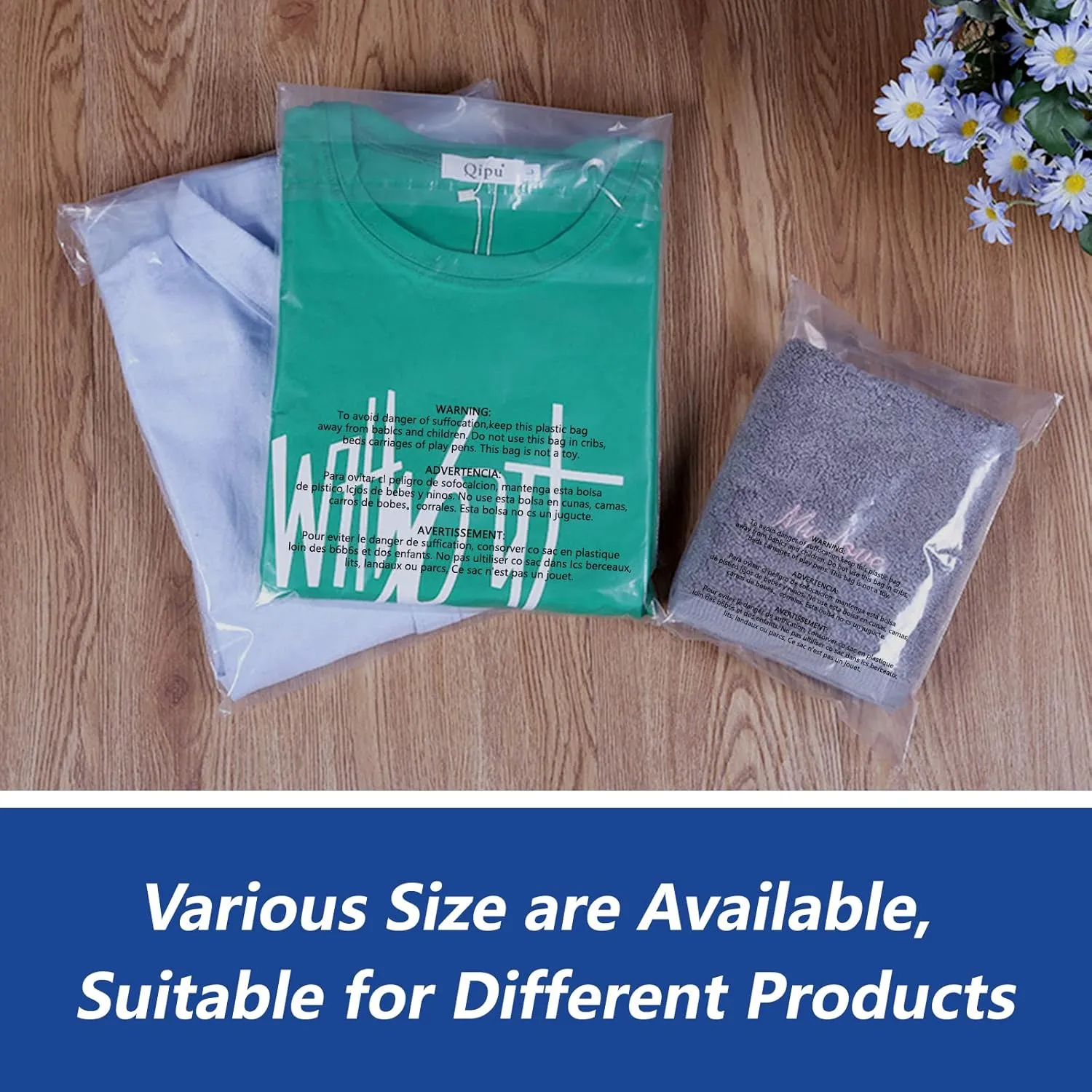 13" x 15" (100 Count) Self Seal Clear Poly Bags with Suffocation Warning for Packaging, Shipping, Clothing, Shirts & FBA - Resealable Adhesive