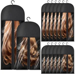 14 Pcs Extra Long Hair Extension Storage Bag with Hanger, Two Sizes for Multiple Wigs, Dust Proof Hanger for Hair Extensions, Accessories, Black