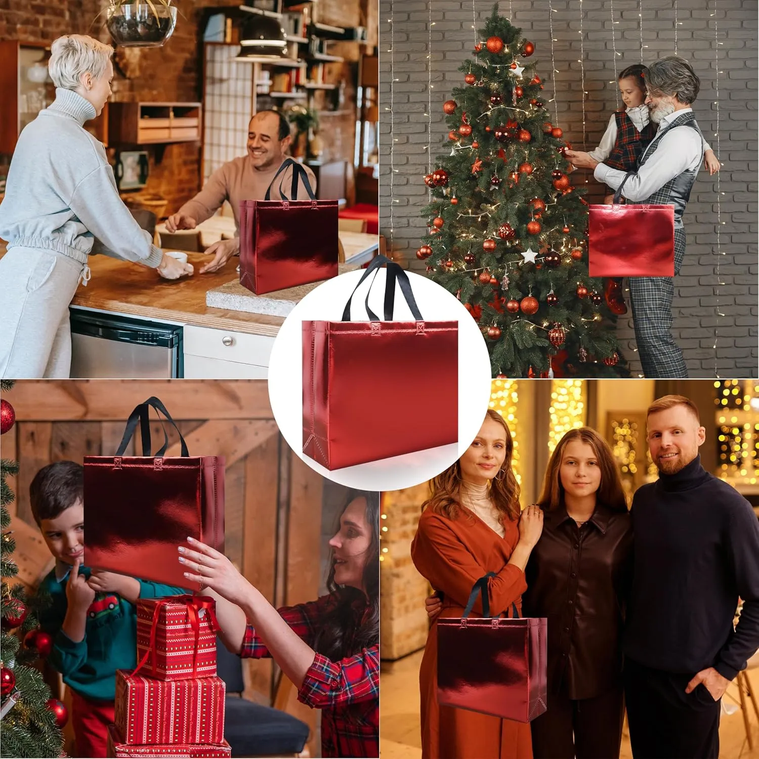 15 Pcs Glossy Red Reusable Gift Bags with Handle, 12.6 x 4.7 x 11 In Non-woven Party Bag with Sturdy Base, Non-woven Holiday Gift Bags Bulk for Birthday, Wedding, Party, Graduation