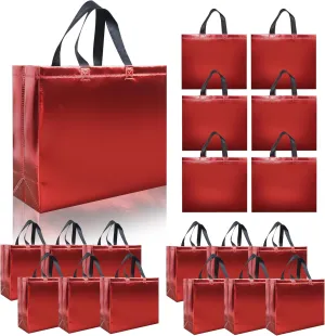 15 Pcs Glossy Red Reusable Gift Bags with Handle, 12.6 x 4.7 x 11 In Non-woven Party Bag with Sturdy Base, Non-woven Holiday Gift Bags Bulk for Birthday, Wedding, Party, Graduation