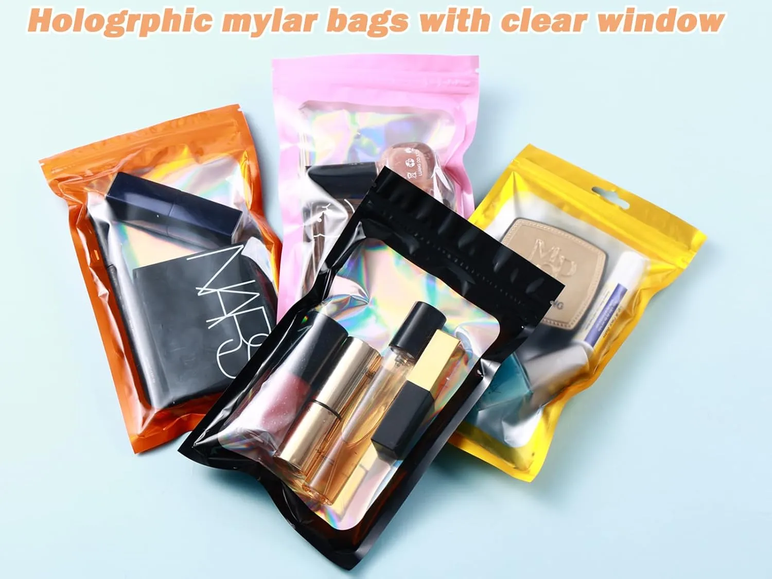 150-pack Holographic Mylar Bags with Clear Window 7" x 10" 1 Quart Resealable Foil Pouches for Food Storage Large Smell Proof Edible Packaging Zip Bag for Cookies, Jewelry and Small Business