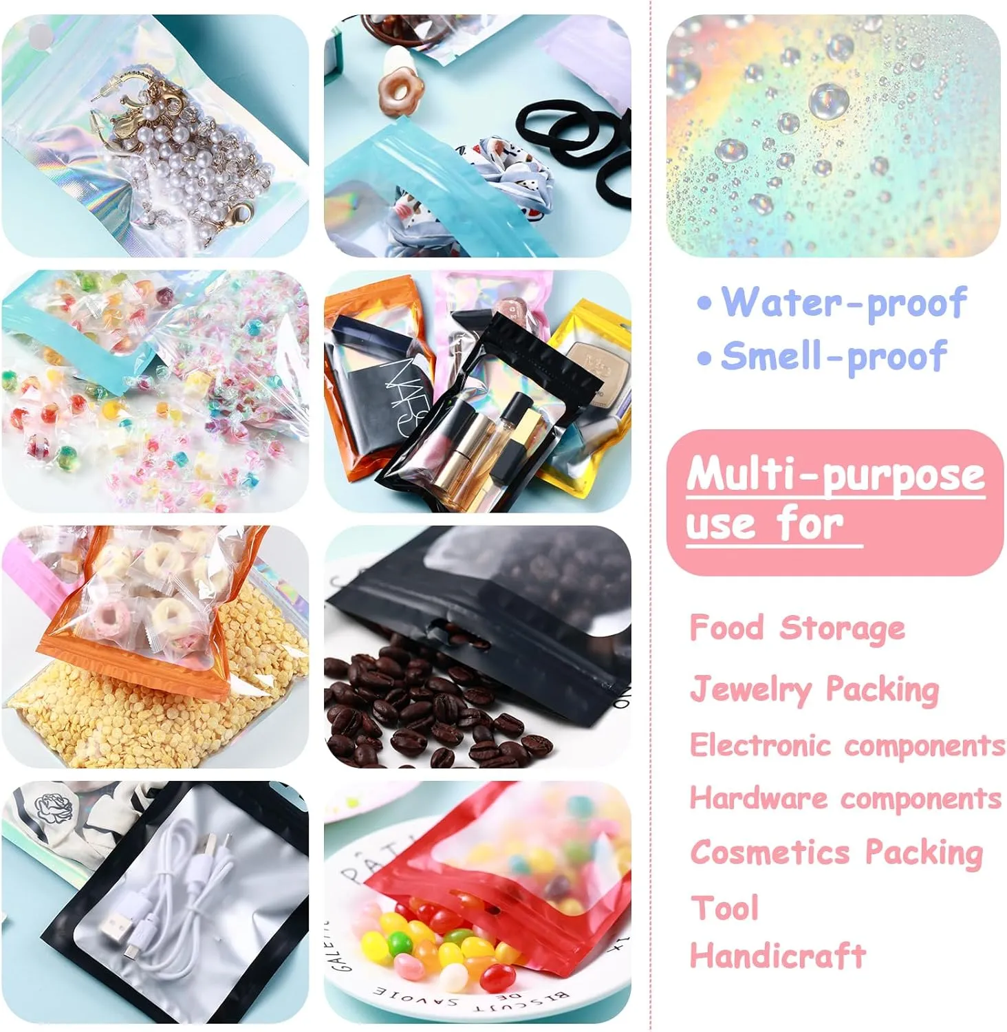 150-pack Holographic Mylar Bags with Clear Window 7" x 10" 1 Quart Resealable Foil Pouches for Food Storage Large Smell Proof Edible Packaging Zip Bag for Cookies, Jewelry and Small Business