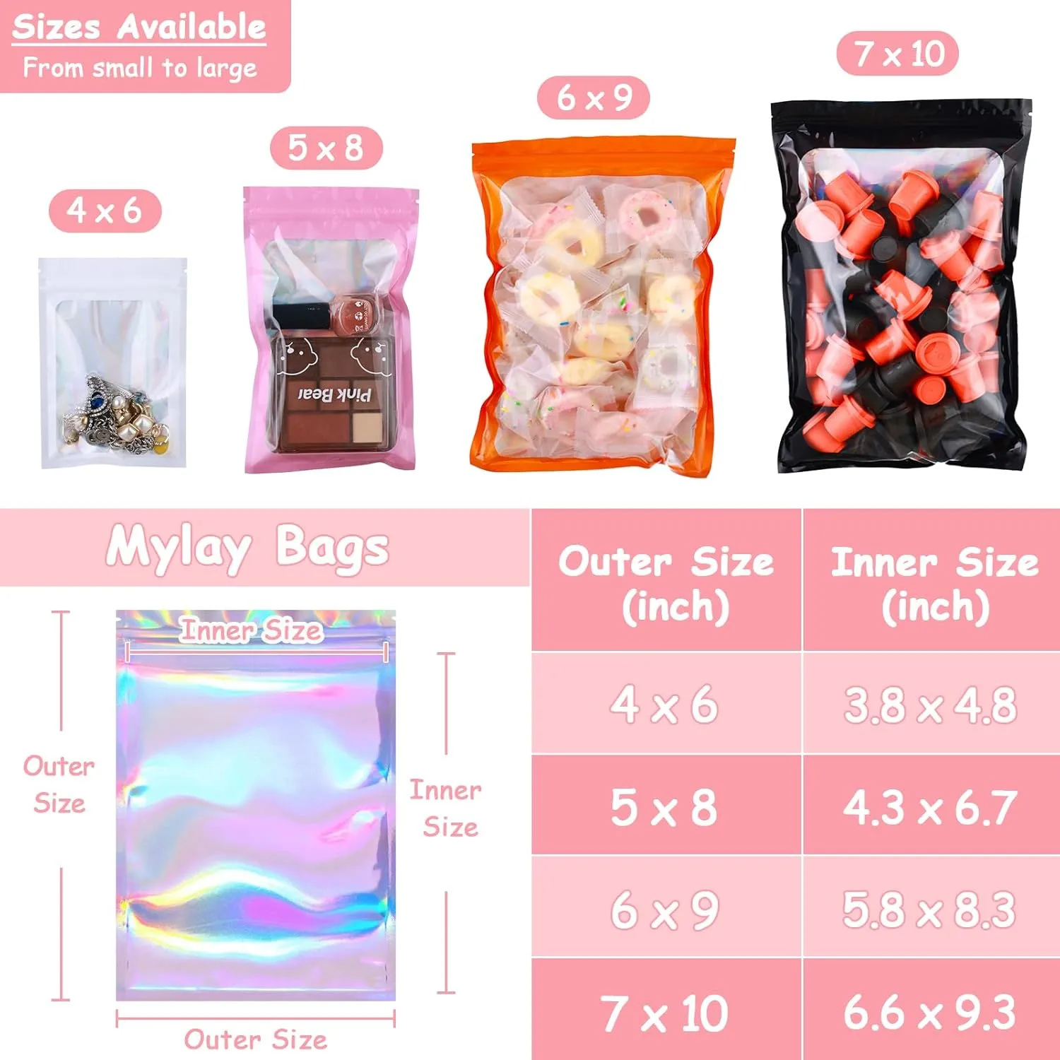 150-pack Holographic Mylar Bags with Clear Window 7" x 10" 1 Quart Resealable Foil Pouches for Food Storage Large Smell Proof Edible Packaging Zip Bag for Cookies, Jewelry and Small Business