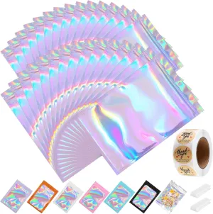 150-pack Holographic Mylar Bags with Clear Window 7" x 10" 1 Quart Resealable Foil Pouches for Food Storage Large Smell Proof Edible Packaging Zip Bag for Cookies, Jewelry and Small Business