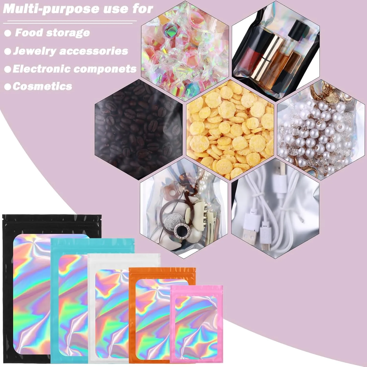 150-pack Holographic Mylar Bags with Clear Window 7" x 10" 1 Quart Resealable Foil Pouches for Food Storage Large Smell Proof Edible Packaging Zip Bag for Cookies, Jewelry and Small Business