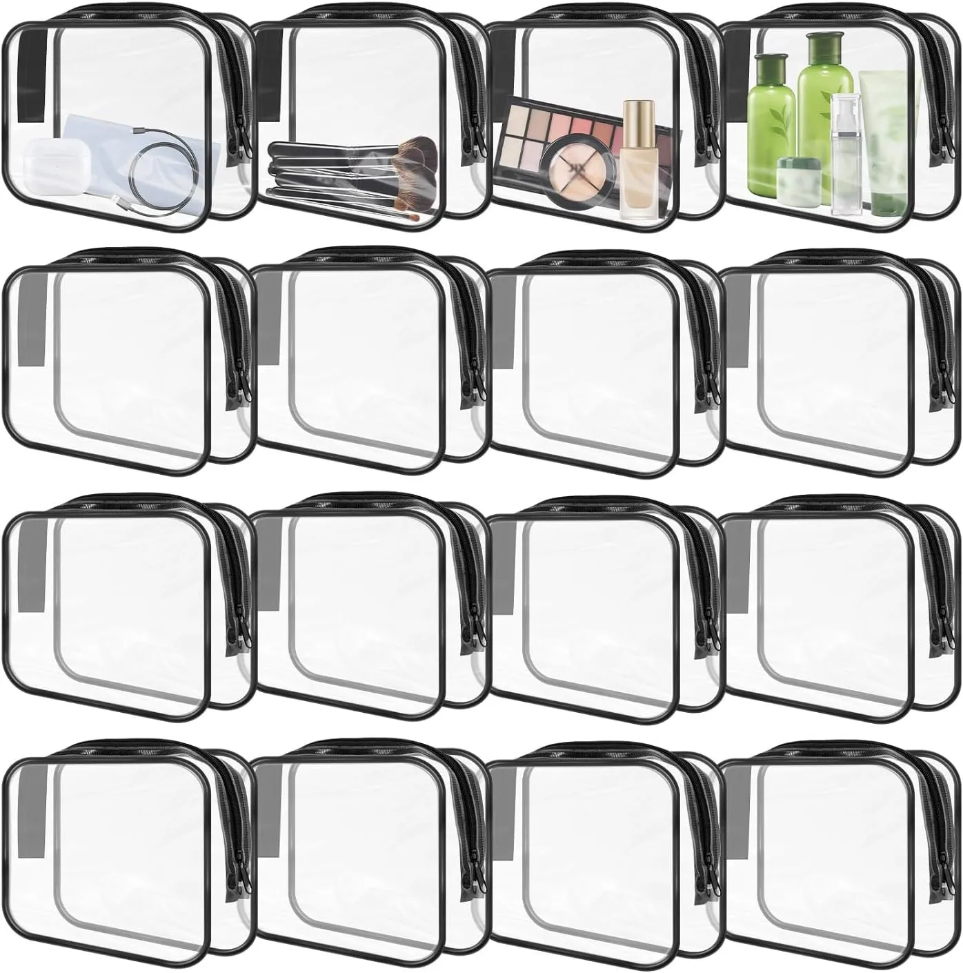 16 Pack Clear Makeup Bags Bulk, TSA Approved Toiletry Bags Travel Pouch, Waterproof PVC Plastic Small Clear Cosmetic Bags with Zipper for Organizing (Black Border)