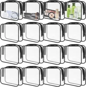 16 Pack Clear Makeup Bags Bulk, TSA Approved Toiletry Bags Travel Pouch, Waterproof PVC Plastic Small Clear Cosmetic Bags with Zipper for Organizing (Black Border)