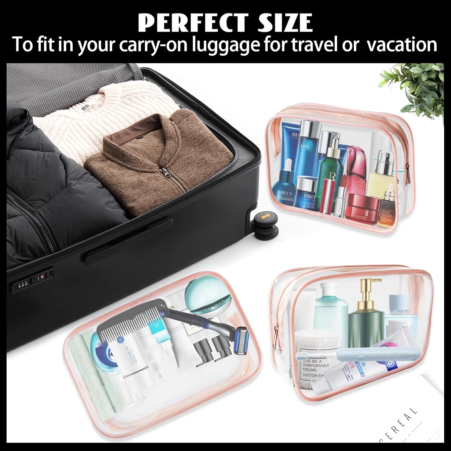 16 Piece Clear Cosmetic Bags, Large Makeup Bags, TSA Approved Toiletry Bag for Travel, PVC Waterproof Pouch with Zipper Make Up Bag for Women and Men Traveling (Pink-L)