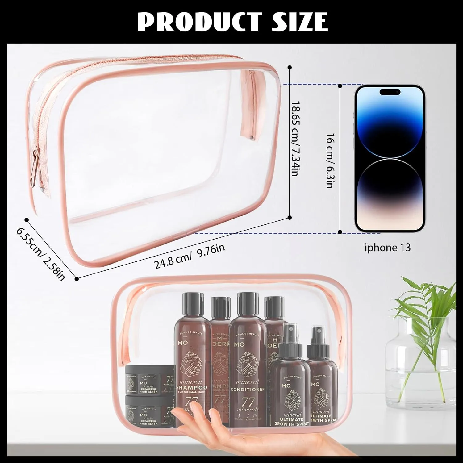 16 Piece Clear Cosmetic Bags, Large Makeup Bags, TSA Approved Toiletry Bag for Travel, PVC Waterproof Pouch with Zipper Make Up Bag for Women and Men Traveling (Pink-L)