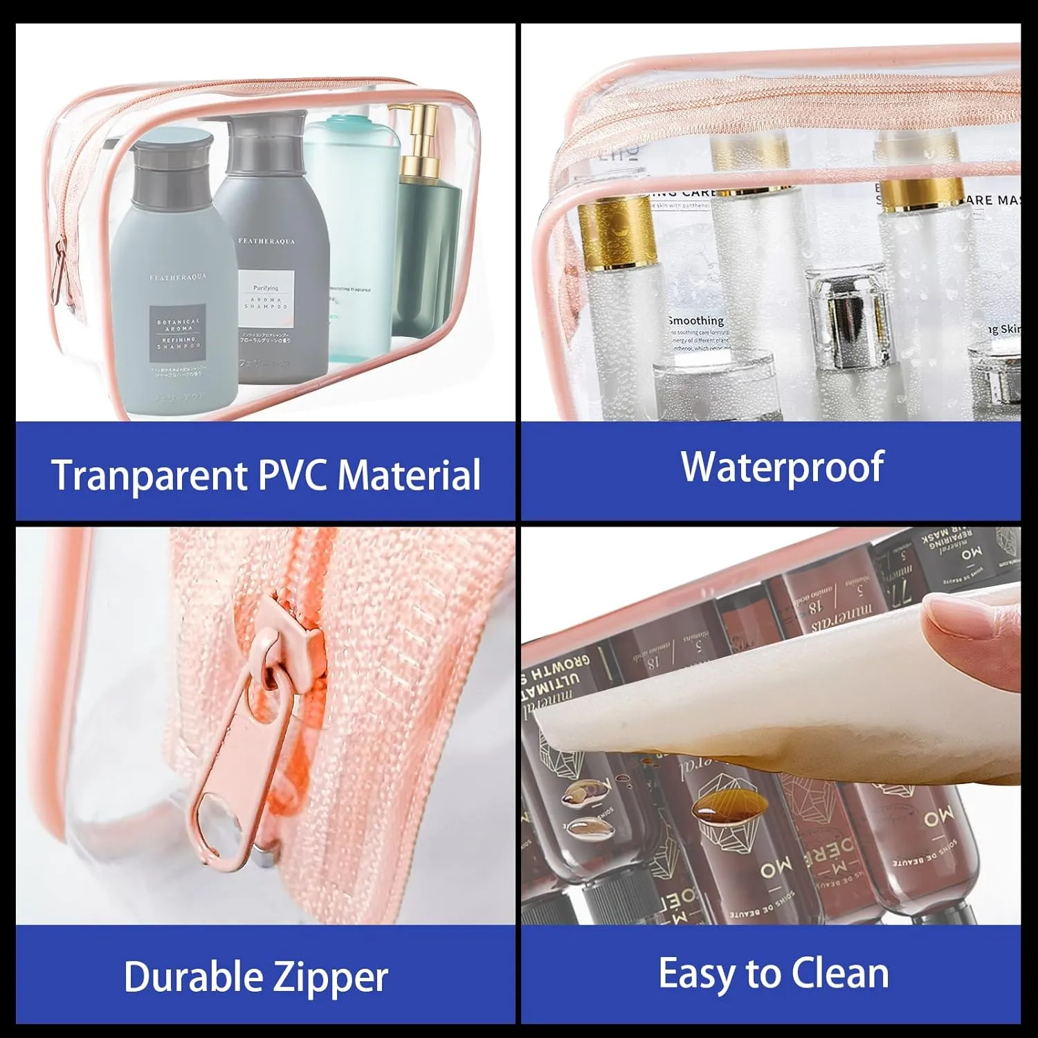 16 Piece Clear Cosmetic Bags, Large Makeup Bags, TSA Approved Toiletry Bag for Travel, PVC Waterproof Pouch with Zipper Make Up Bag for Women and Men Traveling (Pink-L)