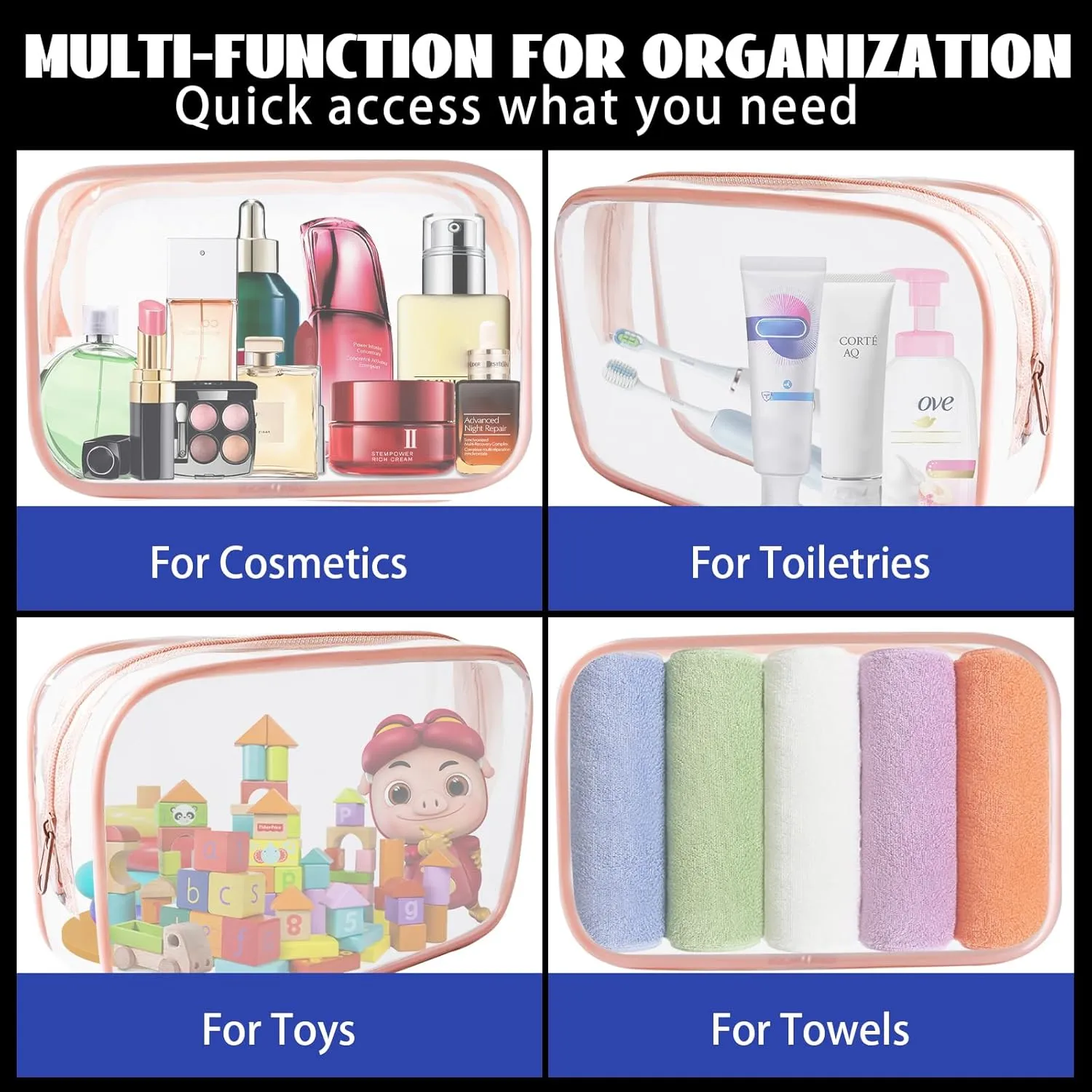 16 Piece Clear Cosmetic Bags, Large Makeup Bags, TSA Approved Toiletry Bag for Travel, PVC Waterproof Pouch with Zipper Make Up Bag for Women and Men Traveling (Pink-L)