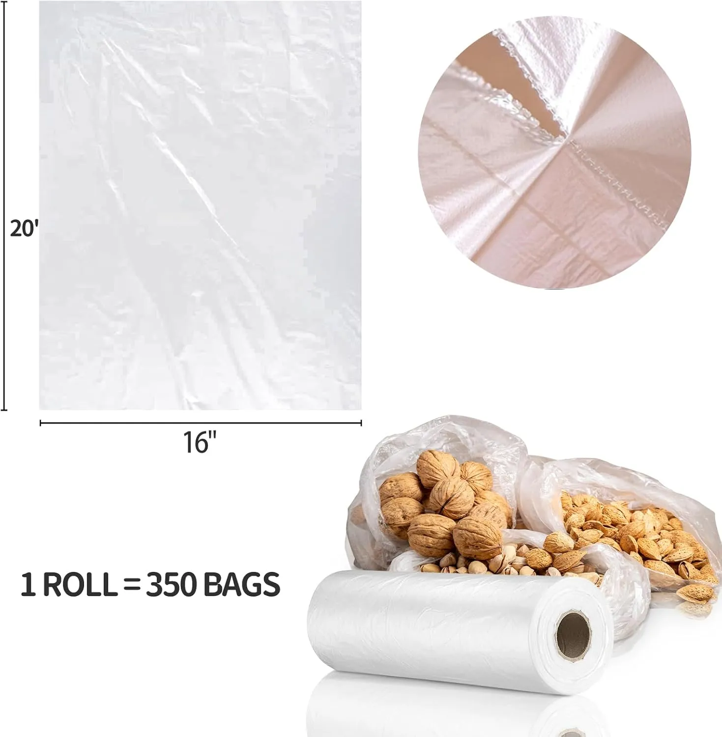 16” x 20” Food Storage Bags Roll, Clear Plastic Produce Bags for Vegetable Food Fruit Bread (1 Roll - 350pcs on a Roll)