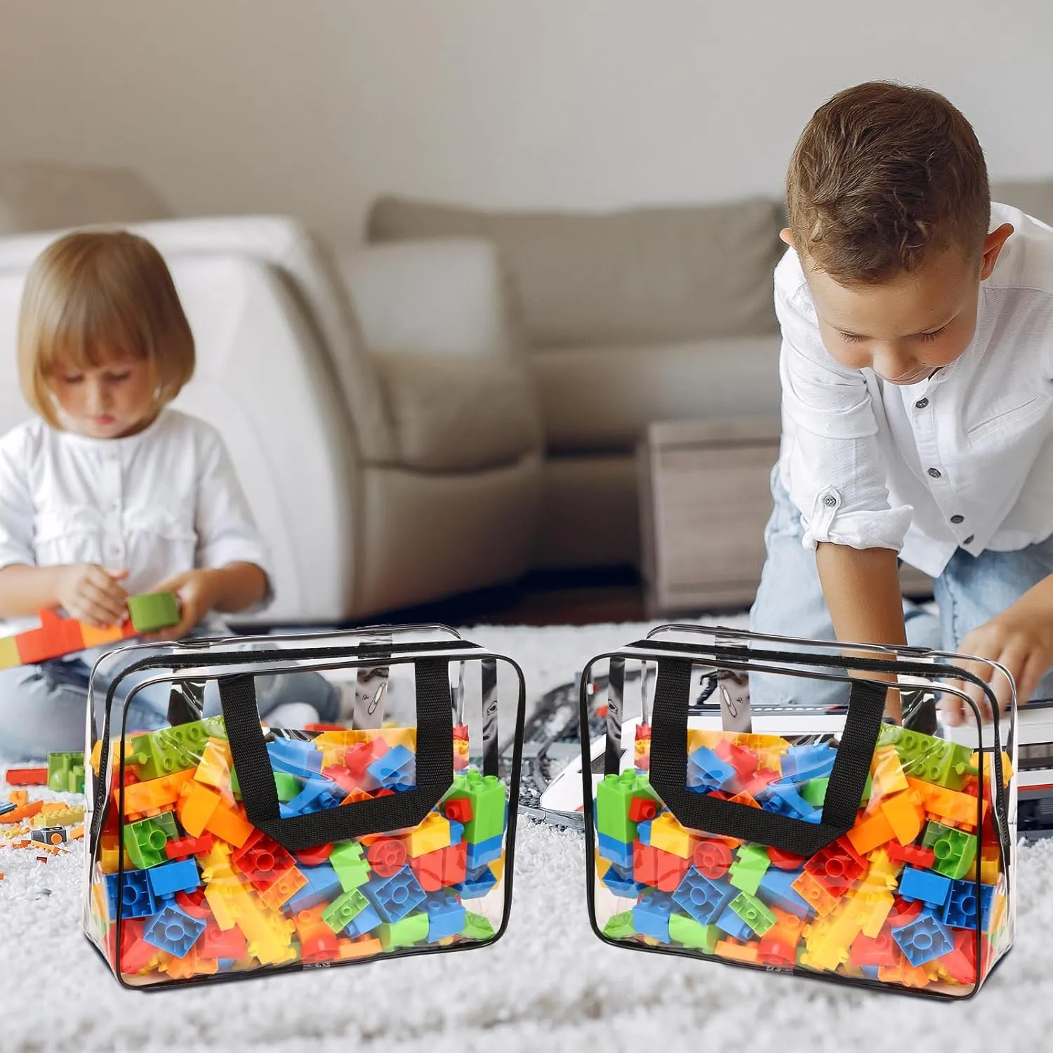 18 Packs Large Toy Storage Bags with Labels, Waterproof Clear Pvc Storage Bags for Toys, Travel Organizer Bags with Zipper Closure for Puzzles, Building Blocks, Kids' Books