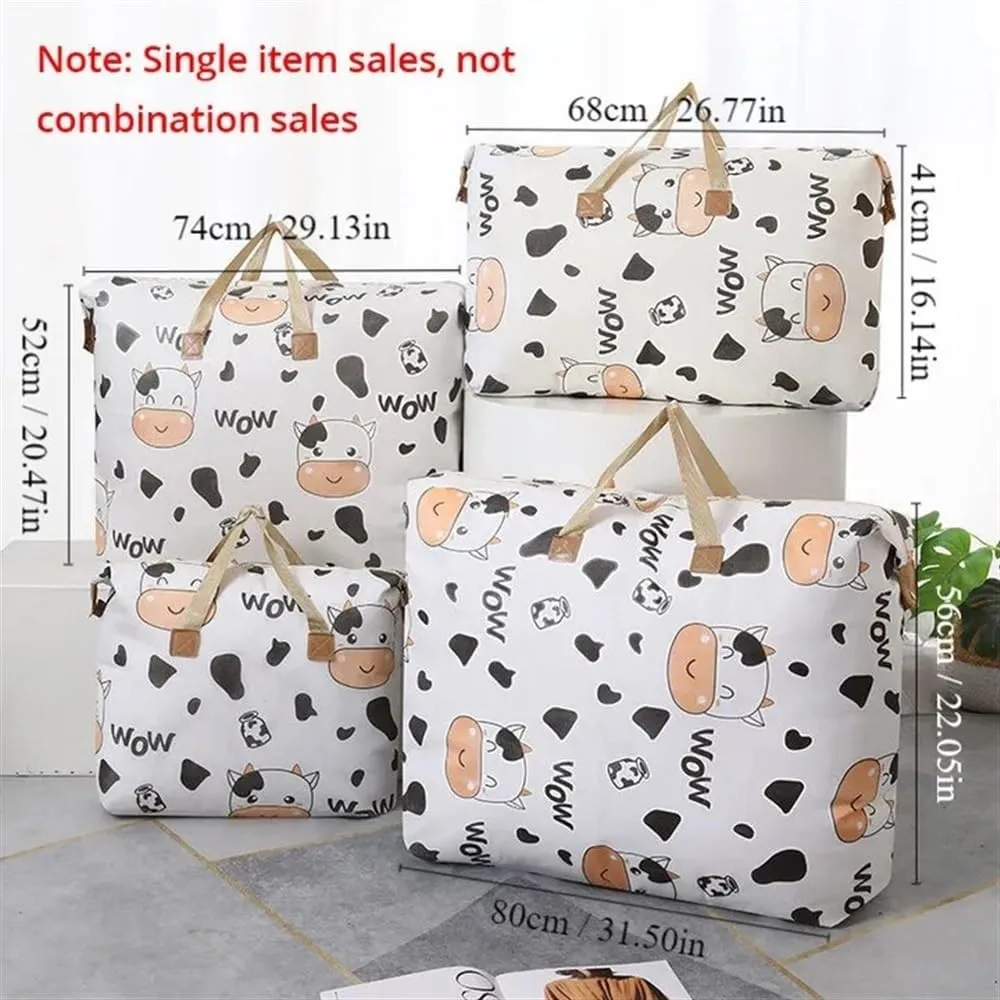 1pc Print Zipper Quilt Storage Bag Zipper Large Capacity Packing Bag Double Handle Moisture-proof Clothes Quilt Storage Bag(1pc Cow,80x27x56cm)