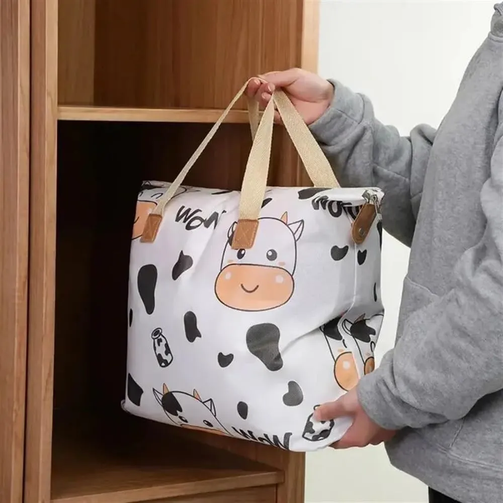 1pc Print Zipper Quilt Storage Bag Zipper Large Capacity Packing Bag Double Handle Moisture-proof Clothes Quilt Storage Bag(1pc Cow,80x27x56cm)