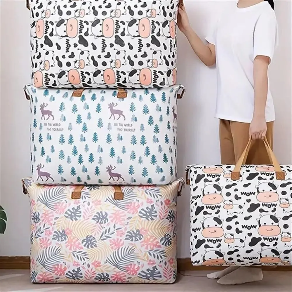 1pc Print Zipper Quilt Storage Bag Zipper Large Capacity Packing Bag Double Handle Moisture-proof Clothes Quilt Storage Bag(1pc Cow,80x27x56cm)