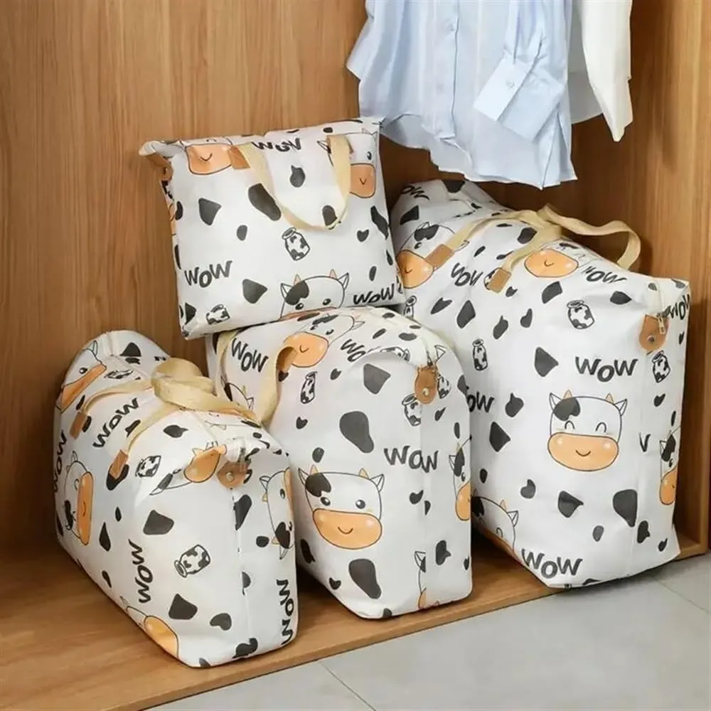 1pc Print Zipper Quilt Storage Bag Zipper Large Capacity Packing Bag Double Handle Moisture-proof Clothes Quilt Storage Bag(1pc Cow,80x27x56cm)