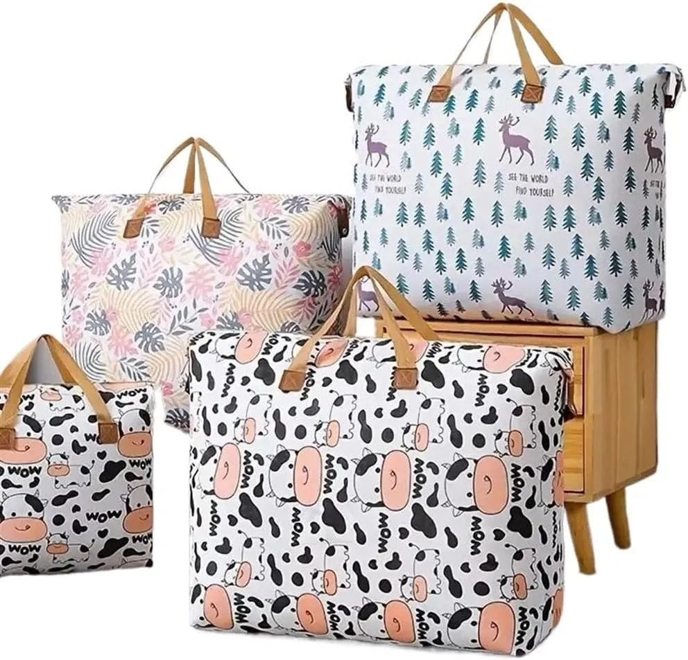 1pc Print Zipper Quilt Storage Bag Zipper Large Capacity Packing Bag Double Handle Moisture-proof Clothes Quilt Storage Bag(1pc Cow,80x27x56cm)