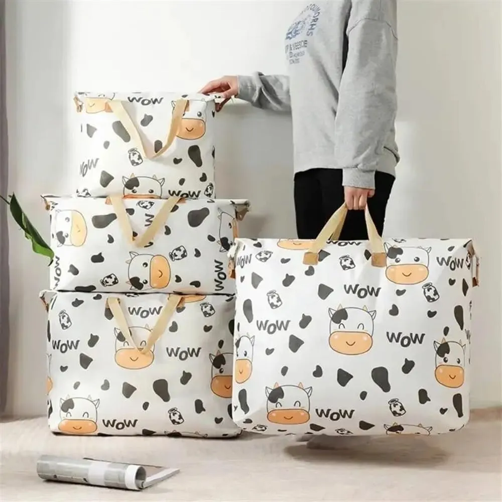 1pc Print Zipper Quilt Storage Bag Zipper Large Capacity Packing Bag Double Handle Moisture-proof Clothes Quilt Storage Bag(1pc Cow,80x27x56cm)