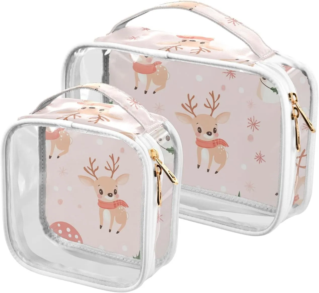 2 Pack clear Cartoon Cute Brown Christmas Deer Mushroom toiletry bag large TSA approved multifunctional small cosmetic bag travel essential