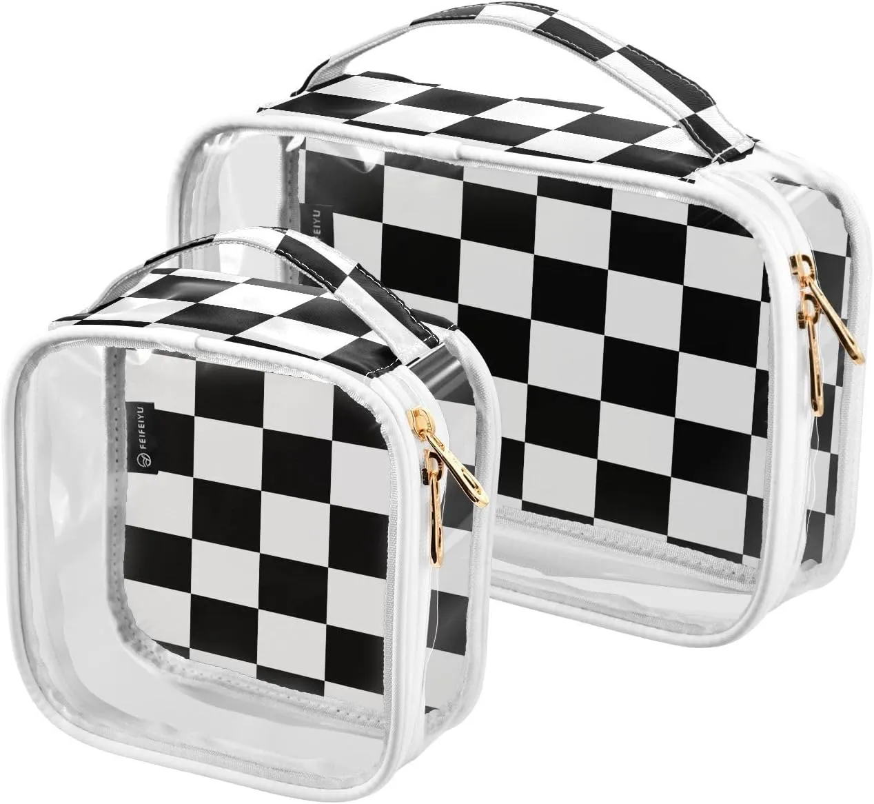 2 Pack Clear Makeup Bag, Black White Checker Pattern Cosmetic Organizer Waterproof Travel Toiletry Bags for Women Transparent Handbag Purse