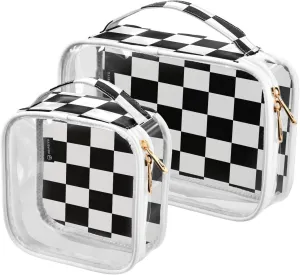 2 Pack Clear Makeup Bag, Black White Checker Pattern Cosmetic Organizer Waterproof Travel Toiletry Bags for Women Transparent Handbag Purse