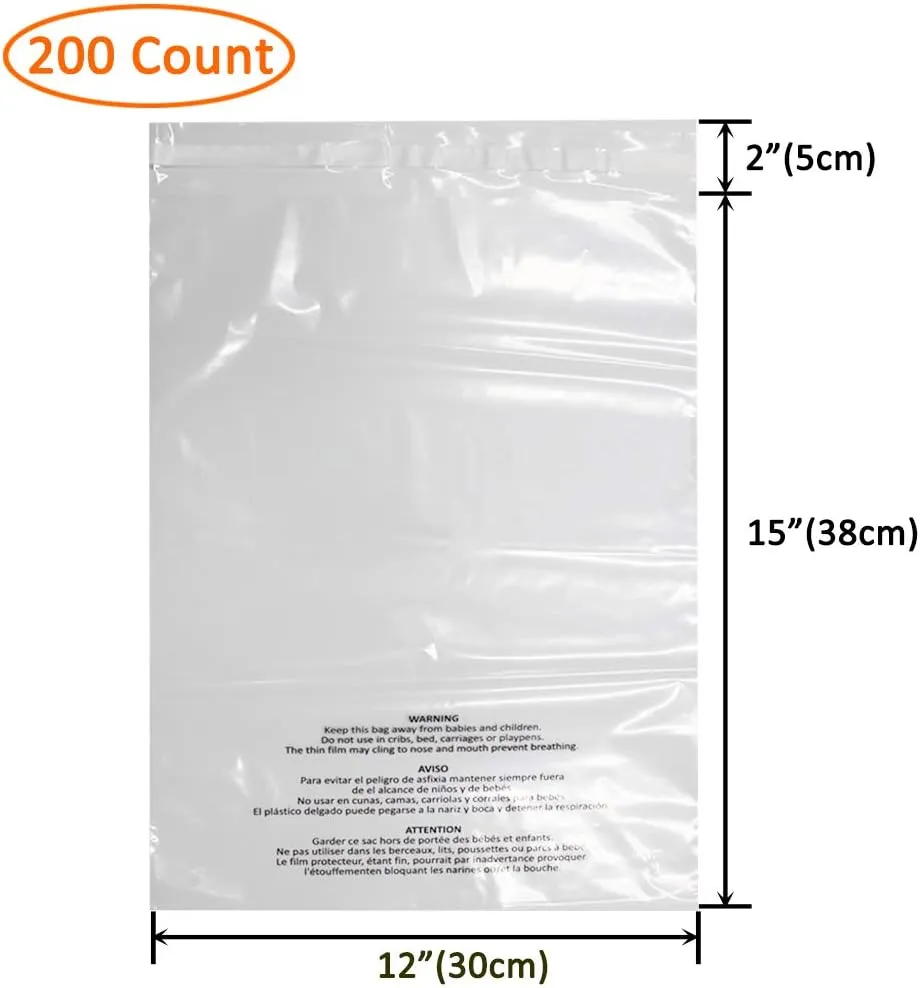 200 Count 12x15 Inch Self Seal Clear Poly Bags with Suffocation Warning for Packaging Clothing, T Shirts, Decorative Wrappers and More with Permanent Adhesive (1.5mil)