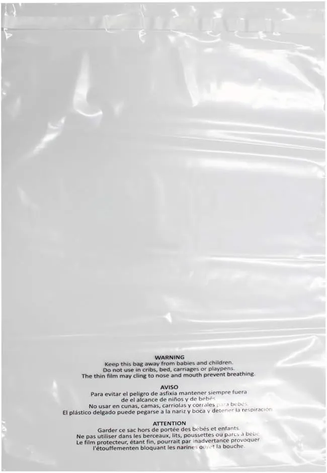 200 Count 12x15 Inch Self Seal Clear Poly Bags with Suffocation Warning for Packaging Clothing, T Shirts, Decorative Wrappers and More with Permanent Adhesive (1.5mil)