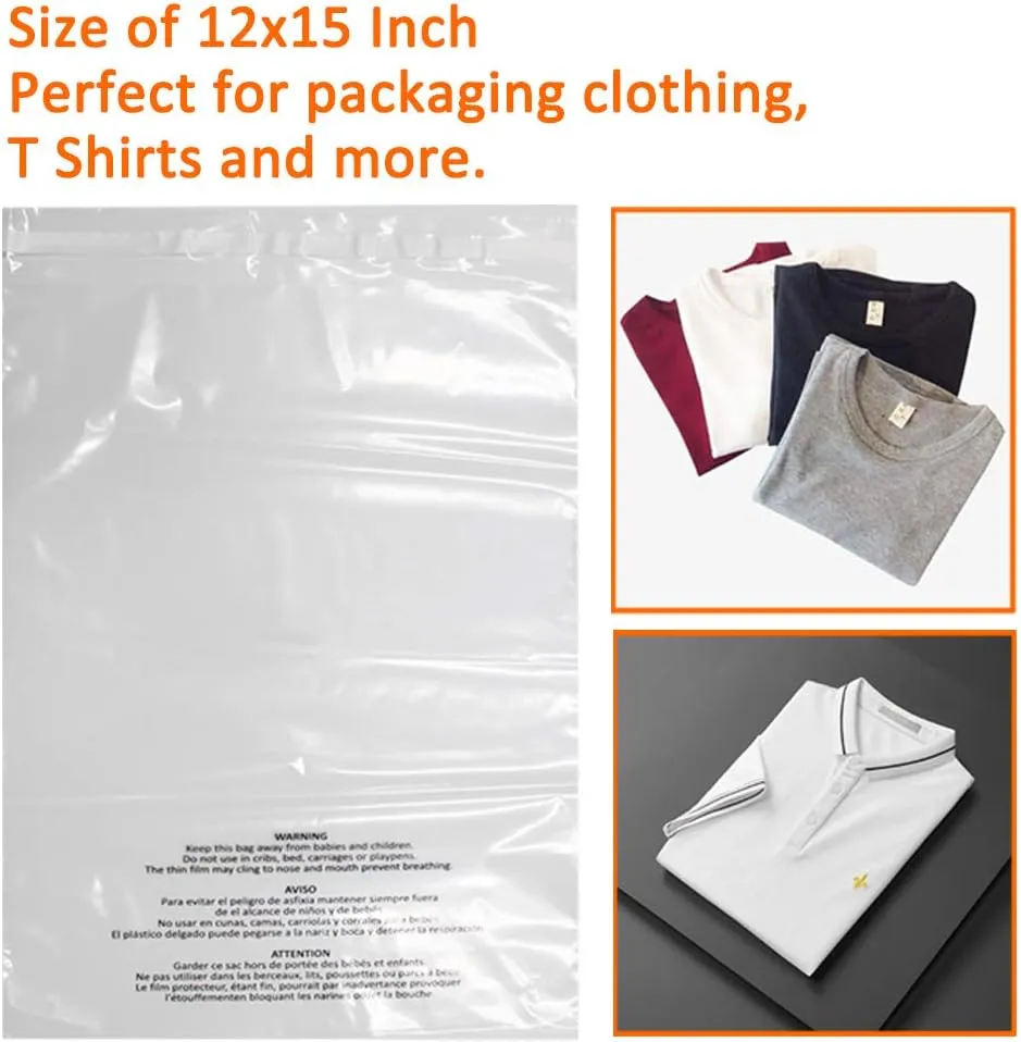200 Count 12x15 Inch Self Seal Clear Poly Bags with Suffocation Warning for Packaging Clothing, T Shirts, Decorative Wrappers and More with Permanent Adhesive (1.5mil)