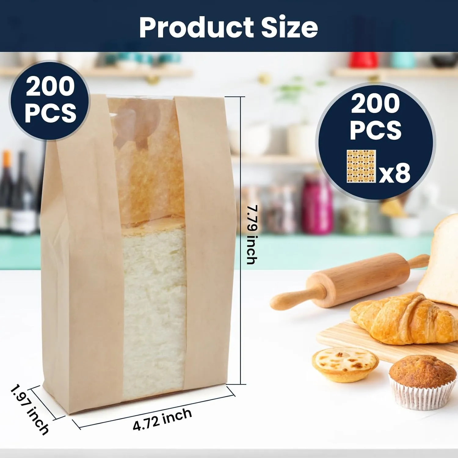 200 PACK Large Paper Bread Bags, Paper Bakery Bags Kraft Paper Bread Loaf Bags with Transparent Window Including Label Seal Sticker for Homemade Bread (9.05x4.72x1.97 Inch)