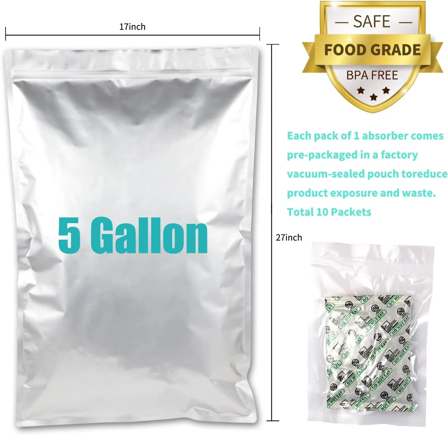 20PCS 5 Gallon Mylar Bags with 2500CC Oxygen Absorbers and Labels, Zipper Resealable Pouches Heat Sealable Bags for Long Term Food Storage