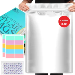 20PCS 5 Gallon Mylar Bags with 2500CC Oxygen Absorbers and Labels, Zipper Resealable Pouches Heat Sealable Bags for Long Term Food Storage