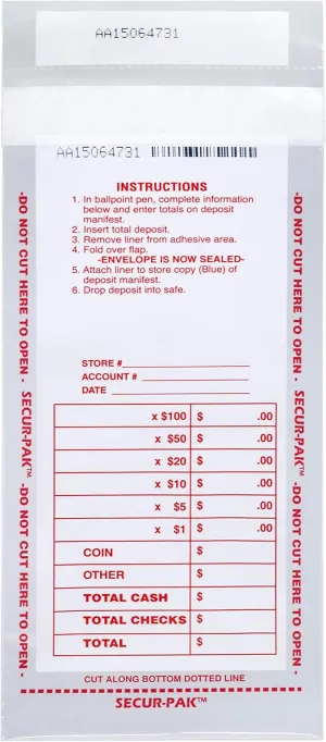 250PK Drop Safe Cash Deposit Bag, 4.5"x9" Transparent, Tamper Resistant Closure with Serialized Numbers