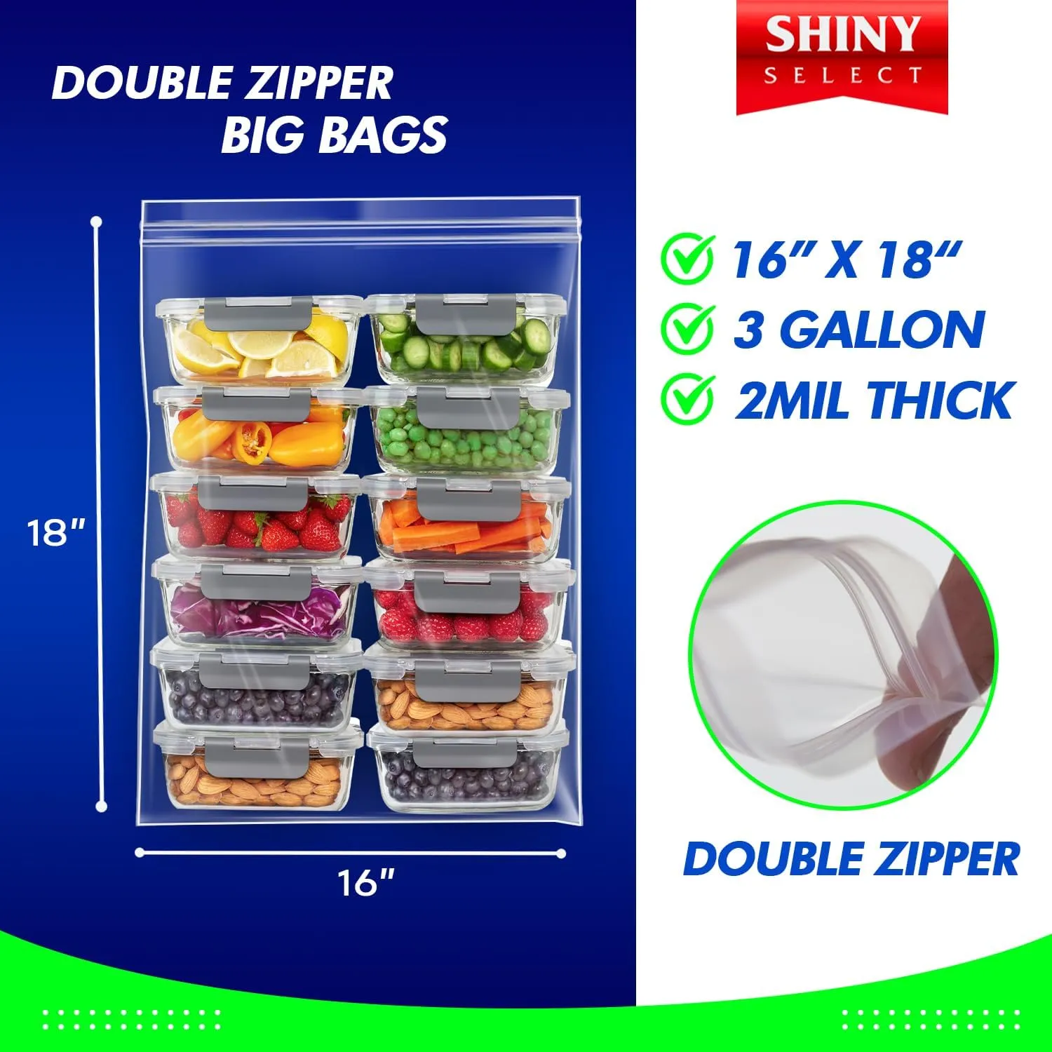 3 Gallon Double Zipper Jumbo Bags, 16x18, Thick Strong Durable Storage Bags for Baby Items, School Supplies, Pants, Bedsheets, Pillowcases, Snacks, Meat Marinate…
