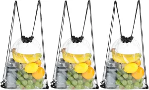 3 Pack Clear Drawstring Bags - PVC Backpack, Waterproof Drawstring Pockets, Unisex, Great for Sporting Events, Work, Concerts, and More