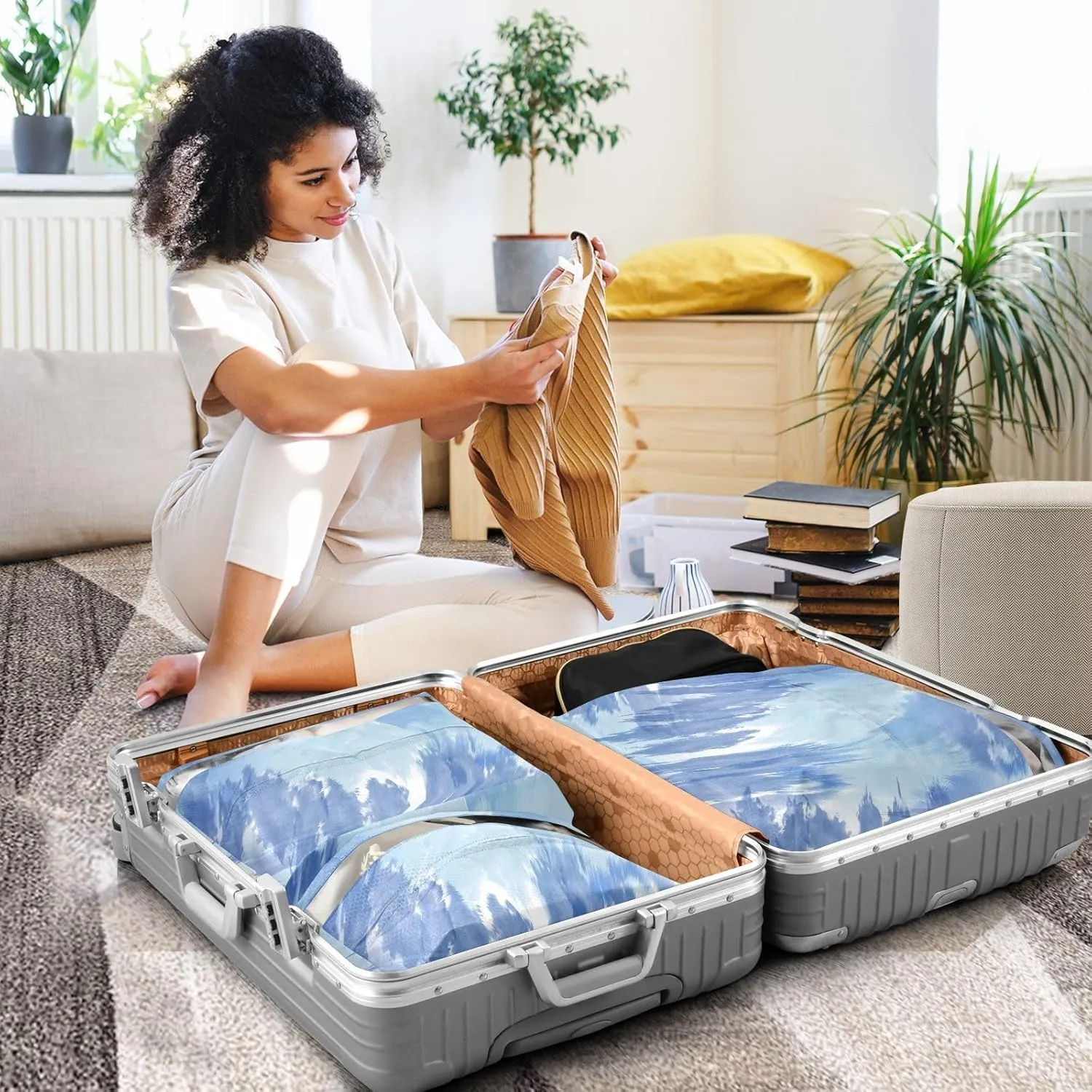 3 Set Travel Packing Cubes For Suitcases, Light Blue Tiedye, Stackable, Garment Bag Closet Storage, Luggage Space Saver, Luggages Management Personnel