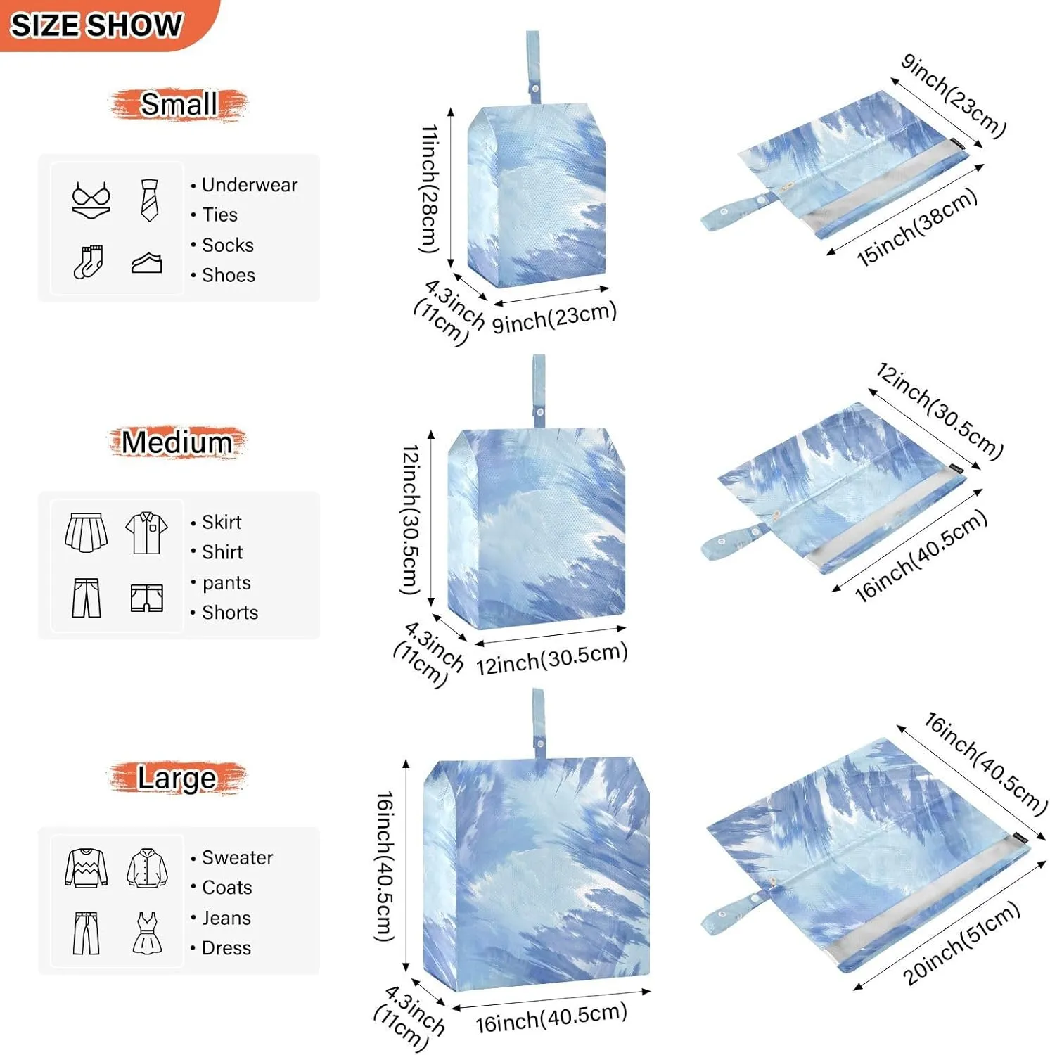 3 Set Travel Packing Cubes For Suitcases, Light Blue Tiedye, Stackable, Garment Bag Closet Storage, Luggage Space Saver, Luggages Management Personnel