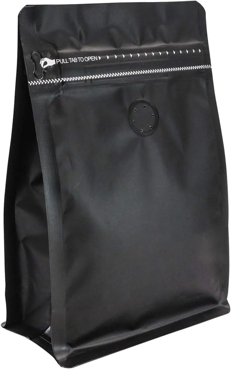 30 Count 0.5Lb, 8oz Black Stand Up Coffee Bag, Flat Bottom Pouch with Air Release Valve and Reusable Side Zipper 7.87" x 5.31" x 2.76"