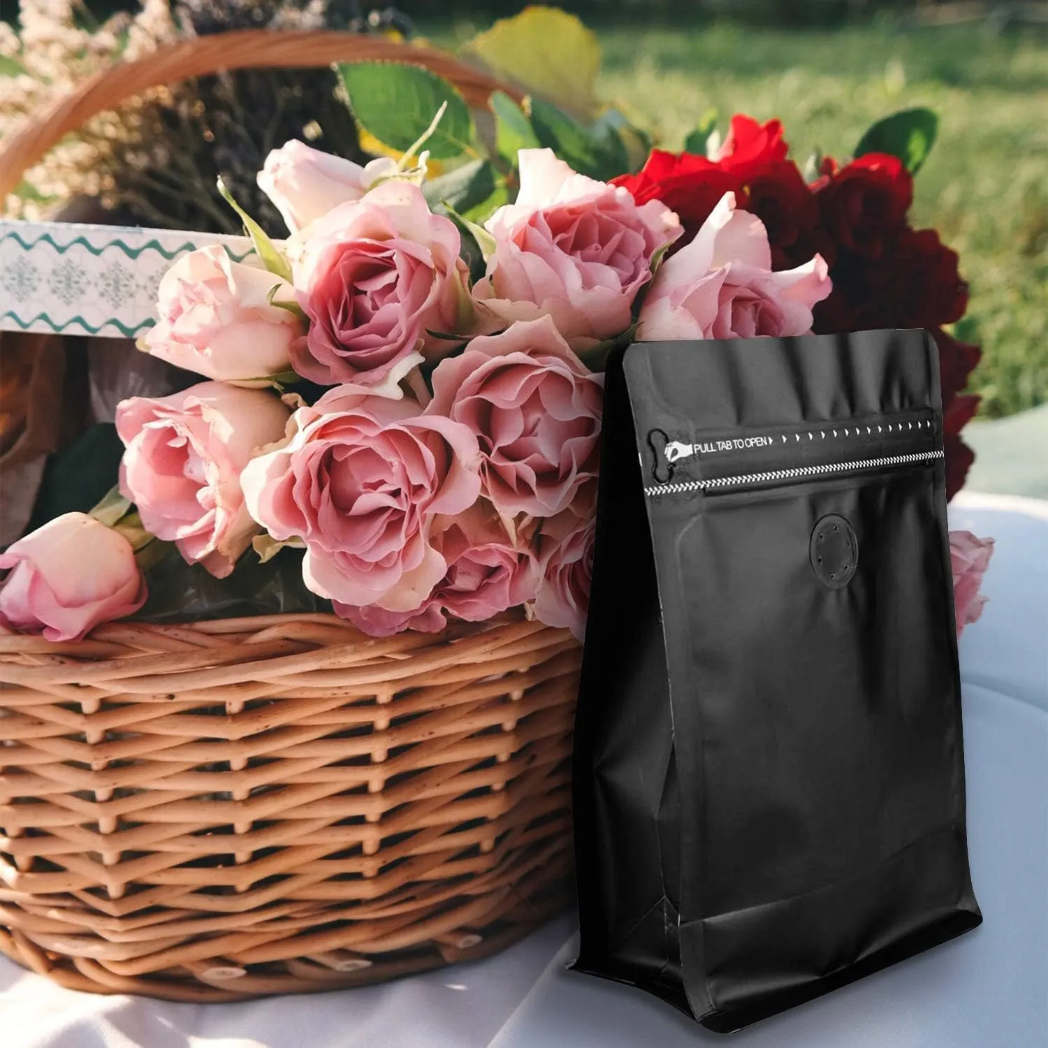 30 Count 0.5Lb, 8oz Black Stand Up Coffee Bag, Flat Bottom Pouch with Air Release Valve and Reusable Side Zipper 7.87" x 5.31" x 2.76"