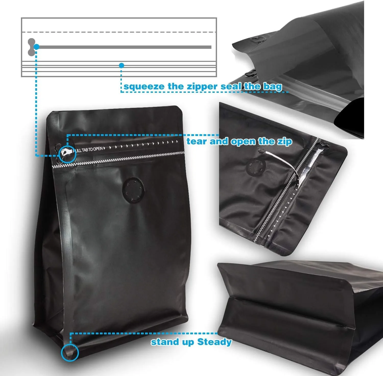 30 Count 0.5Lb, 8oz Black Stand Up Coffee Bag, Flat Bottom Pouch with Air Release Valve and Reusable Side Zipper 7.87" x 5.31" x 2.76"