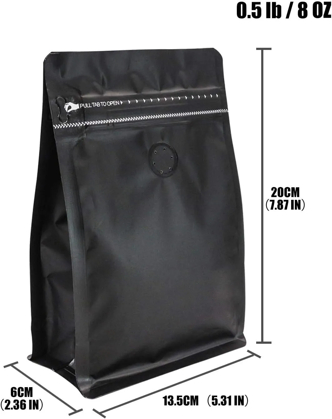 30 Count 0.5Lb, 8oz Black Stand Up Coffee Bag, Flat Bottom Pouch with Air Release Valve and Reusable Side Zipper 7.87" x 5.31" x 2.76"
