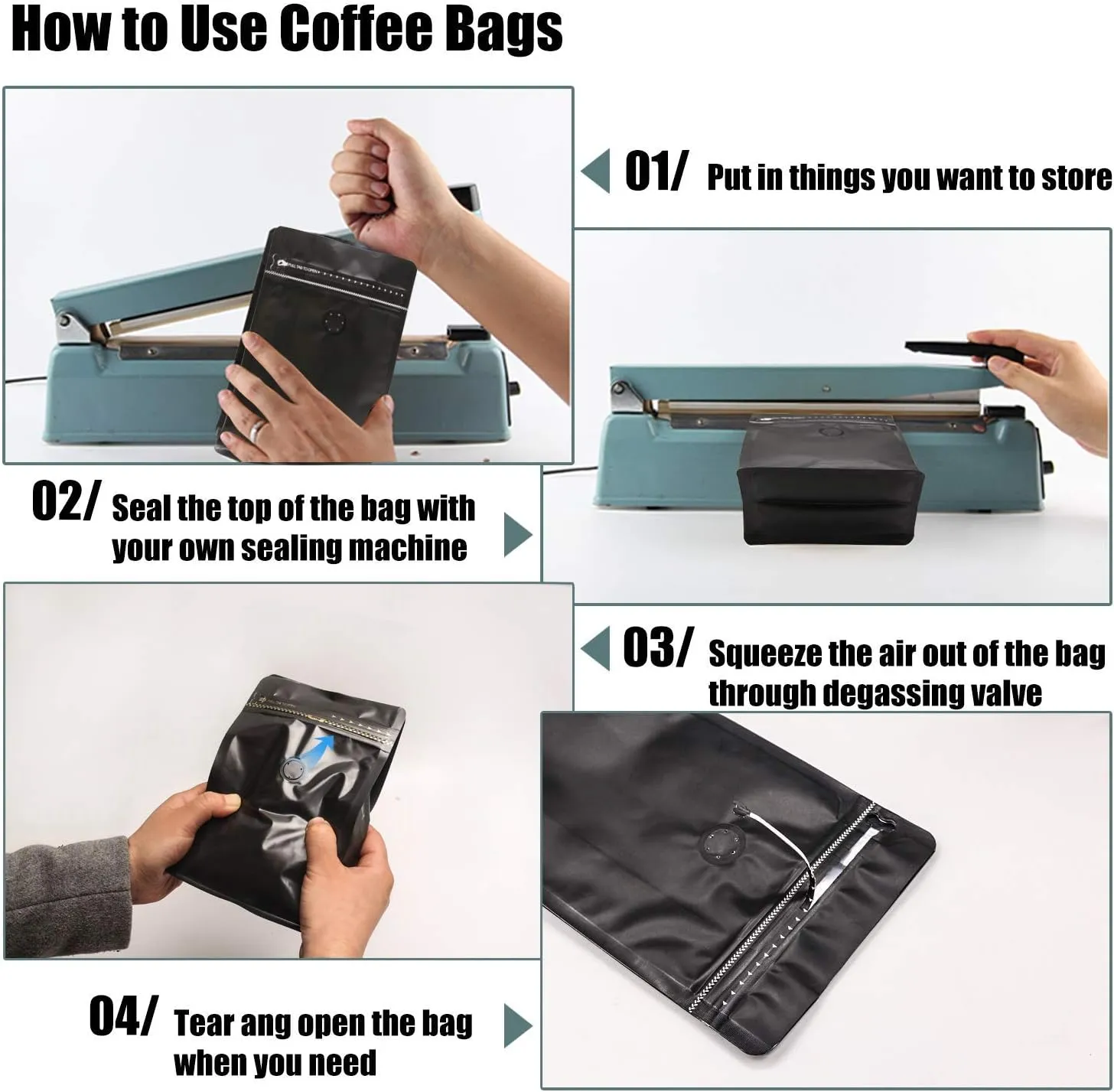 30 Count 0.5Lb, 8oz Black Stand Up Coffee Bag, Flat Bottom Pouch with Air Release Valve and Reusable Side Zipper 7.87" x 5.31" x 2.76"