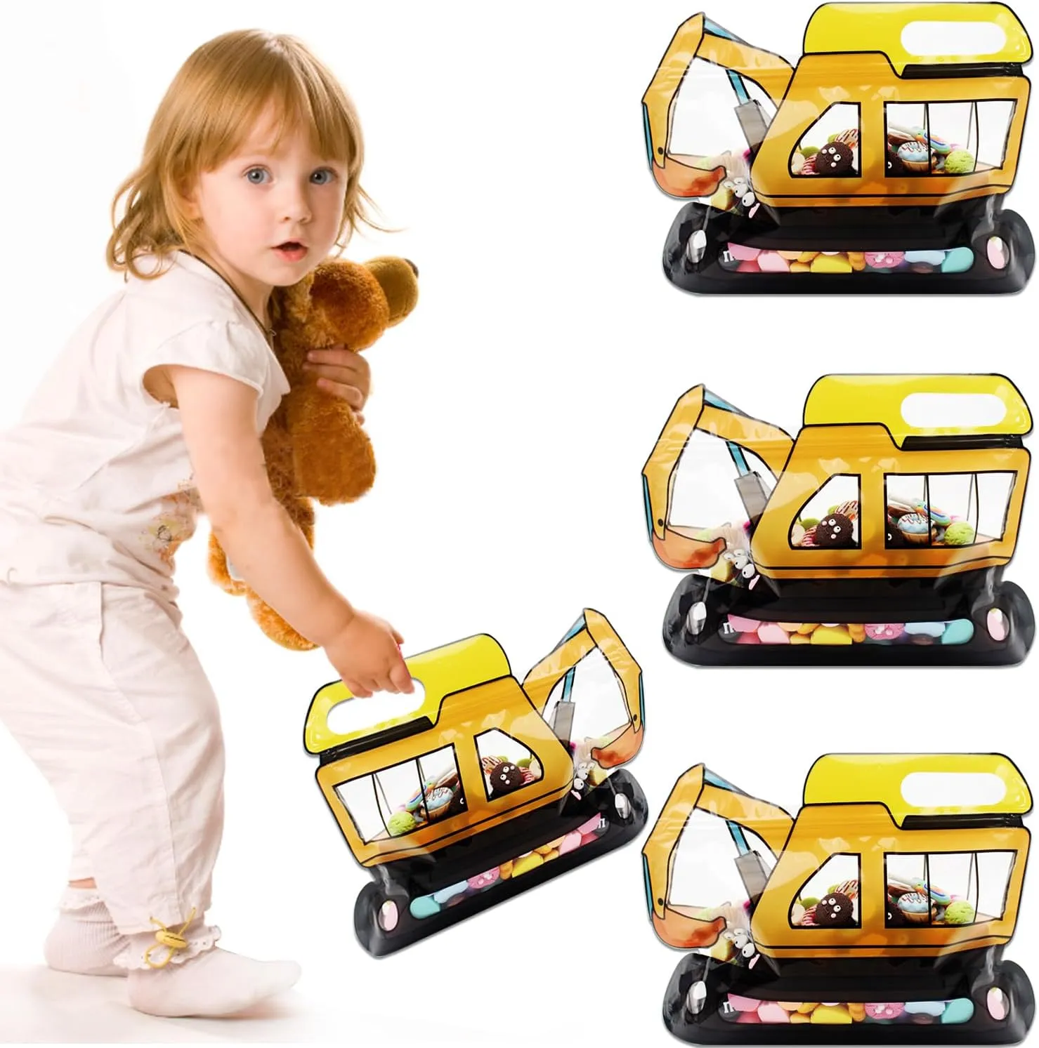 30 Pack Goodie Gift Bags Cartoon Excavator Car Candy Treat Bag Small Plastic Ziplock Seal Bags with Handle Resealable Packaging For Food Storage Birthday Baby Shower Party Favor(Excavator)