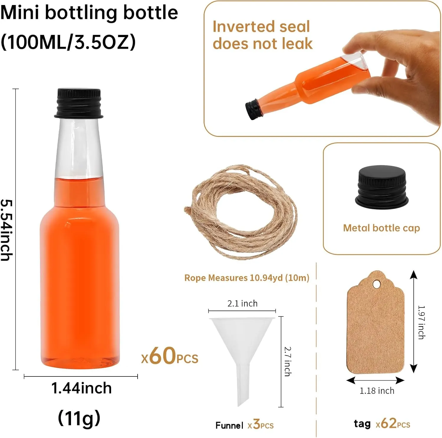 3.3 OZ Plastic Mini Liquor Bottles,Thick neck Empty Spirit Bottles with Black Screw Cap,Reusable Plastic Alcohol Shot Bottles for Baby Shower,Party,Weddings 100ML (60)