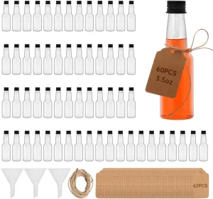 3.3 OZ Plastic Mini Liquor Bottles,Thick neck Empty Spirit Bottles with Black Screw Cap,Reusable Plastic Alcohol Shot Bottles for Baby Shower,Party,Weddings 100ML (60)
