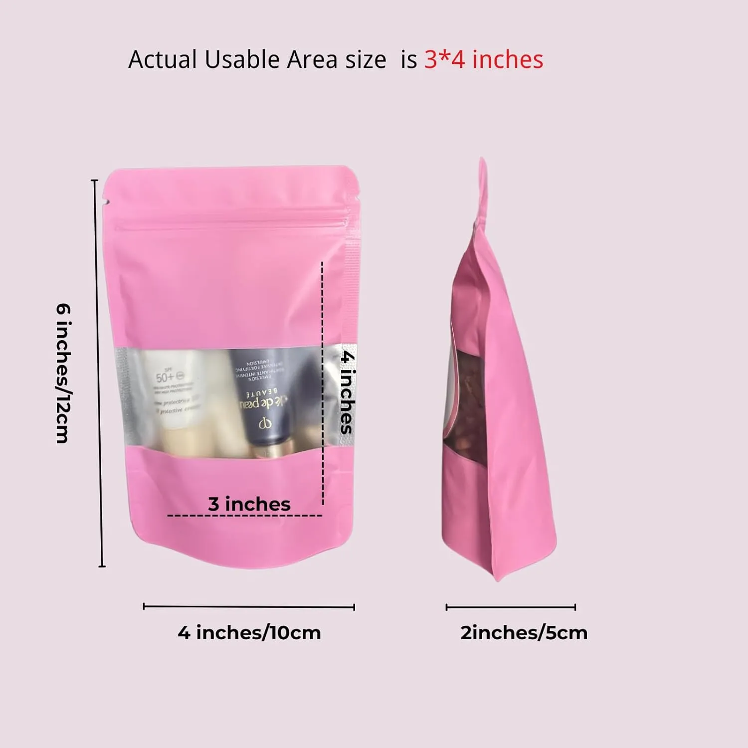 3.5 Mylar Bags for Food Storage 4x6 inches Heat Resealable Baggies Edible Packaging Matte Foil Ziplock Pouch with Window, Ideal for Small Business, Coffee Beans, Car Freshies (pink)