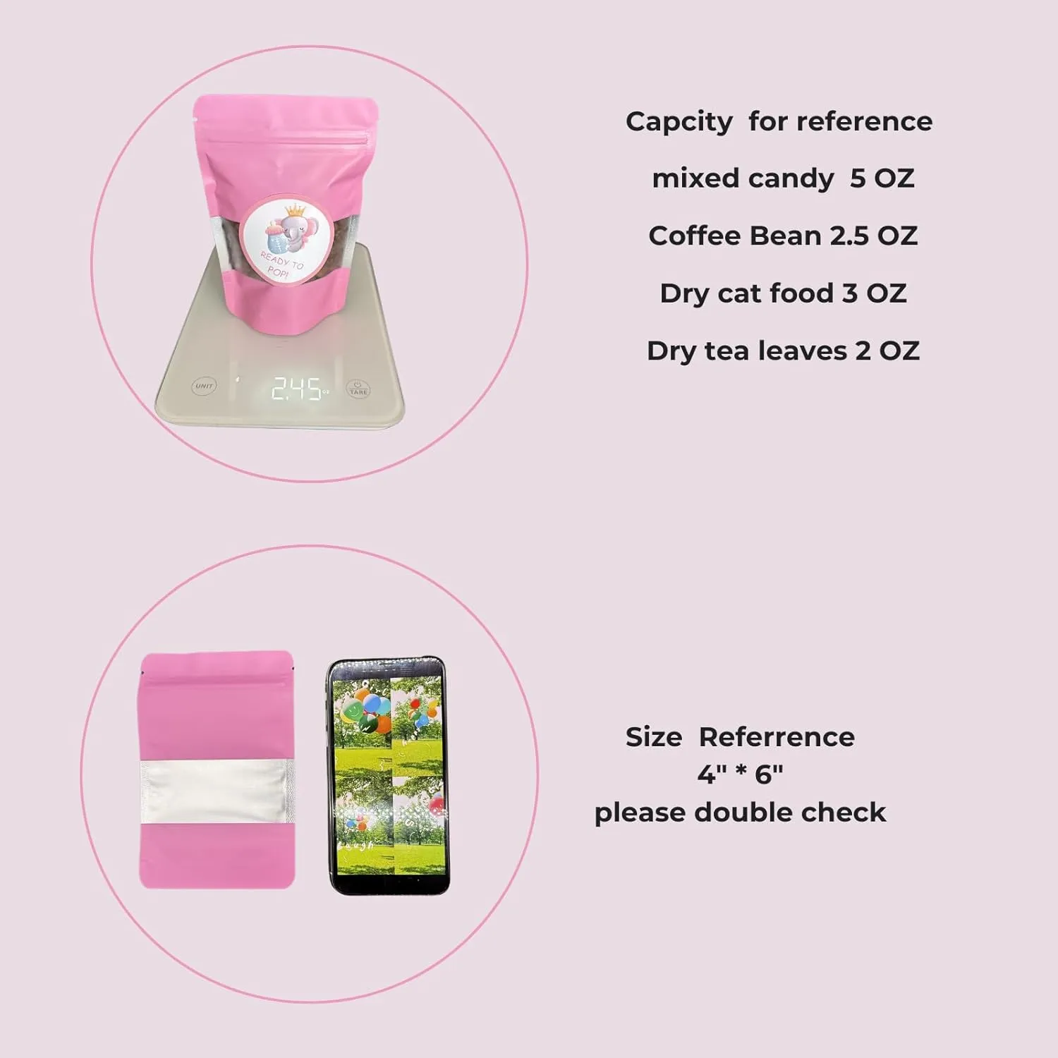 3.5 Mylar Bags for Food Storage 4x6 inches Heat Resealable Baggies Edible Packaging Matte Foil Ziplock Pouch with Window, Ideal for Small Business, Coffee Beans, Car Freshies (pink)