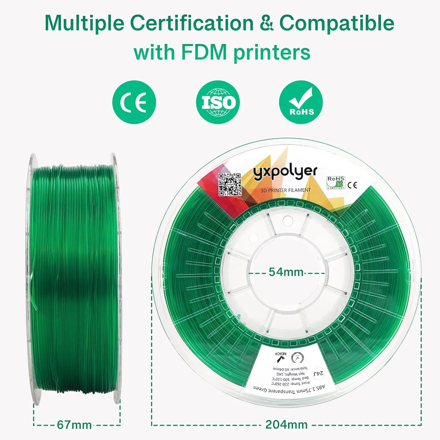 3D Printer Filament ABS Filament ABS  ABS Pro ABS Plus 3D Printing Filament 1.75mm 1kg 2.2lbs, Transparent Green