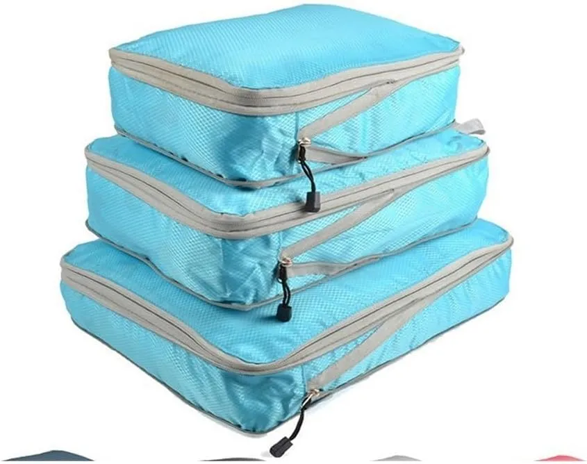 3PCS/set Compressible Packing Travel Organiser Cube Waterproof Suitcase Nylon Luggage Storage Bag Large Capacity Handbag(Blue,2SET)